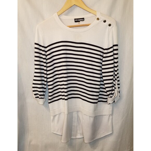 Karl Lagerfeld Paris Women's Sweater Top Black White Striped Size L Mixed Media - Picture 1 of 10
